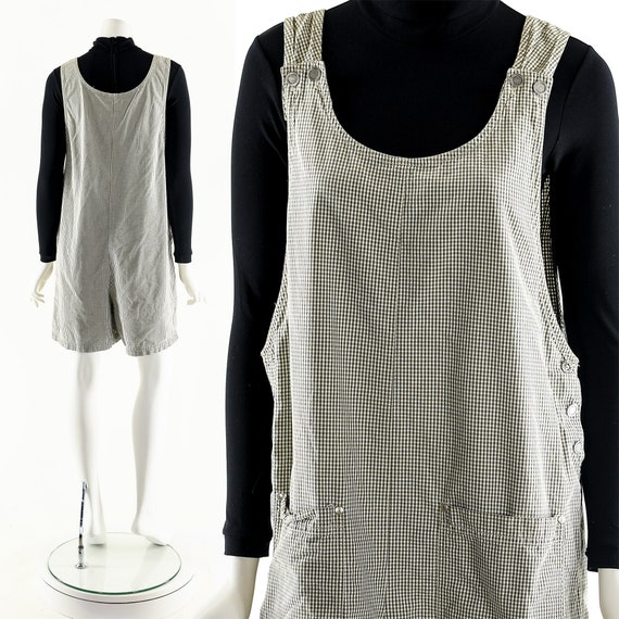 Minimalist Gingham Romper,90's Jumpsuit,Gray White