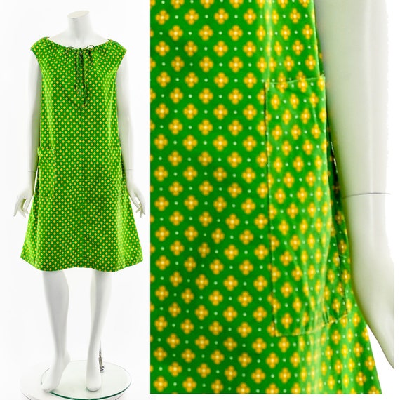 Lime Green Daisy Cotton Shift Dress - image 1