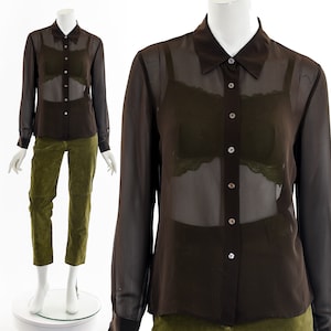 90&#39;s Sheer Brown Button Up Blouse