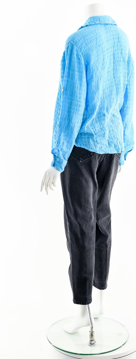 Aqua Blue Linen Button Down Blouse - image 8