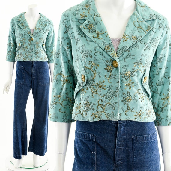 French Baroque Peplum Jacket,Floral Ornate Teal J… - image 2