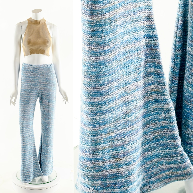 Space Dye Bell Bottoms,Vintage Bobbie Brooks Knit Pants,Boho Bell Bottoms,Baby Blue Flare Pants,Rainbow Knit Bellbottoms,Nubby Knit Pants image 1