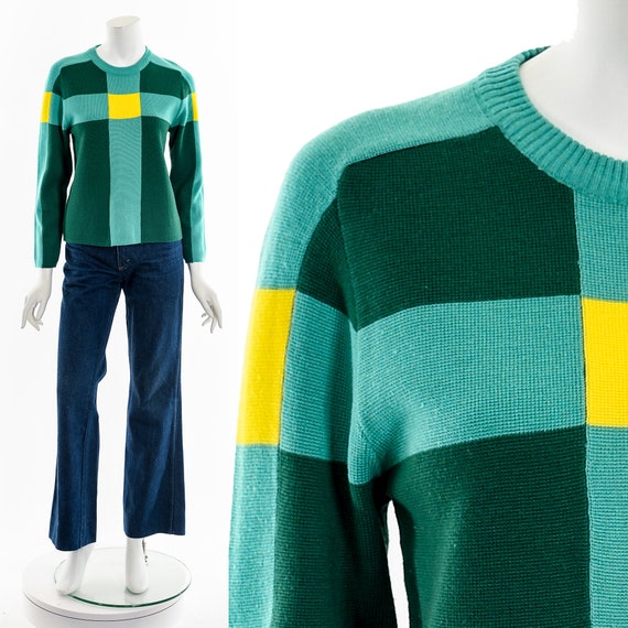 70s Geometric Unique Plaid Knit Sweater Top - image 1