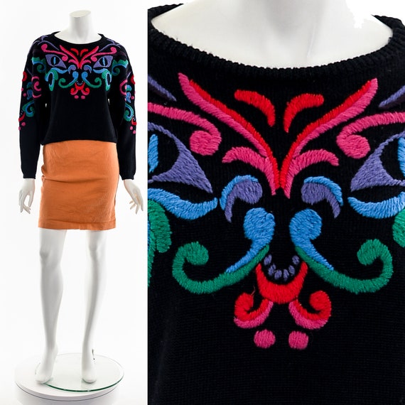 Rainbow Embroidered Wearable Art Wool Sweater - image 1