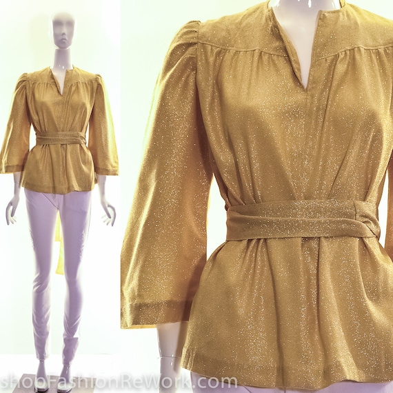 Vintage 60s Gold LUREX Blouse Kimono Sleeves Bell