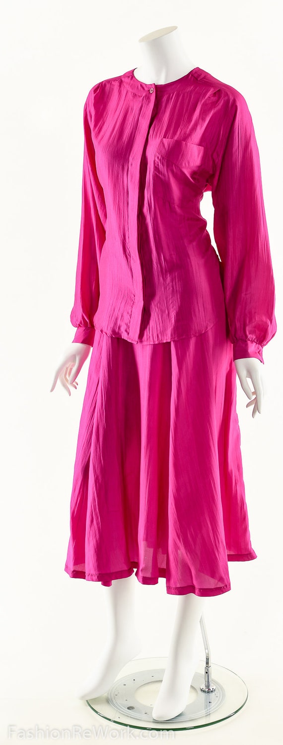 Silk Two Piece Dress Set,Magenta Silk Dress,80s V… - image 4