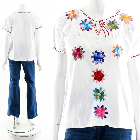 Embroidered Peasant Blouse,Rainbow Flower Embroid… - image 3