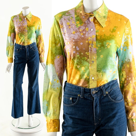 Pastel Rainbow Blouse,Abstract Novelty Print Top,… - image 2