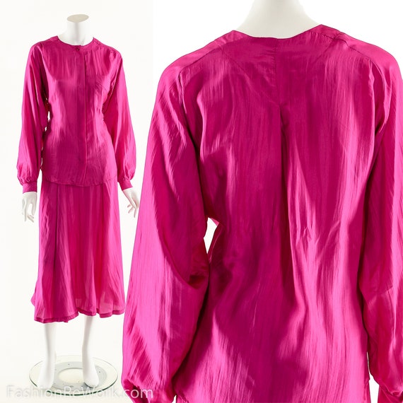 Silk Two Piece Dress Set,Magenta Silk Dress,80s V… - image 8