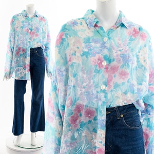 Watercolor Floral Oversized Sheer Button Up Blouse