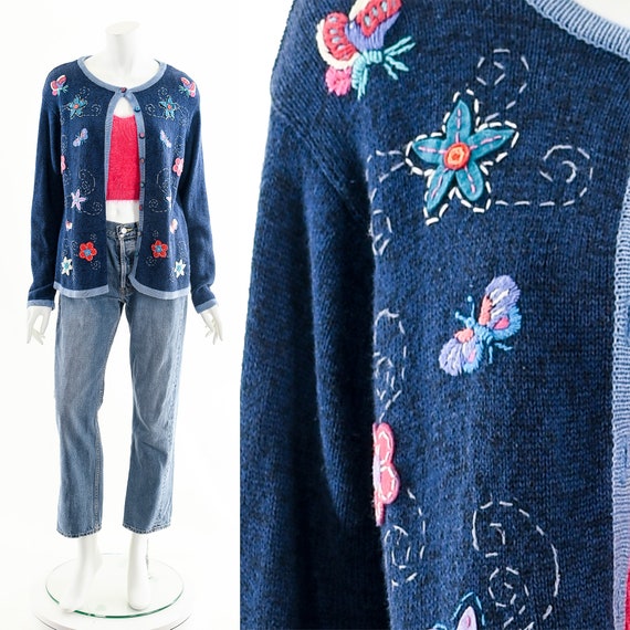 Butterfly Flower Cardigan,Floral Patchwork Appliq… - image 1