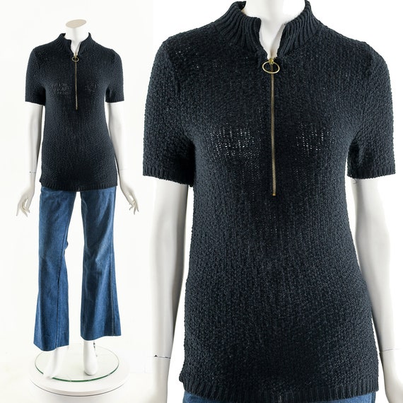 Black Knit Top,Minimalist 60s Sweater,Mock Neck Sw
