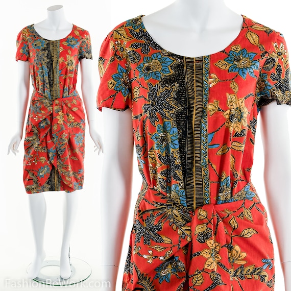 Batik Wrap Dress, Vintage Ethnic Dress, Orange Wr… - image 2