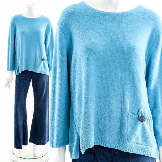 Aqua Blue Fuzzy Sweater, Asymmetric Pocket Sweate… - image 2