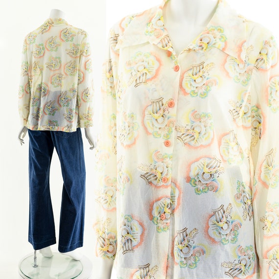 RAINBOW PEACOCK Blouse,Peacock Novelty Print,Vint… - image 3