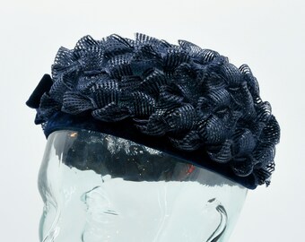Vintage Pillbox Hat Saks Fifth Avenue Dark Navy Blue Straw  display picture 3