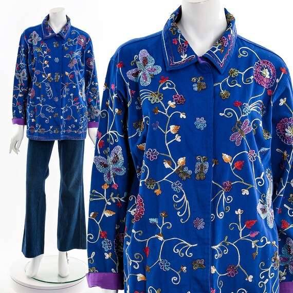 Blue Beaded Butterfly Embroidered Chore Coat - image 2