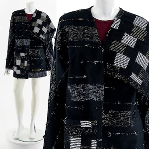 Asymmetric Black Silver + Gold Embroidered Open Jacket