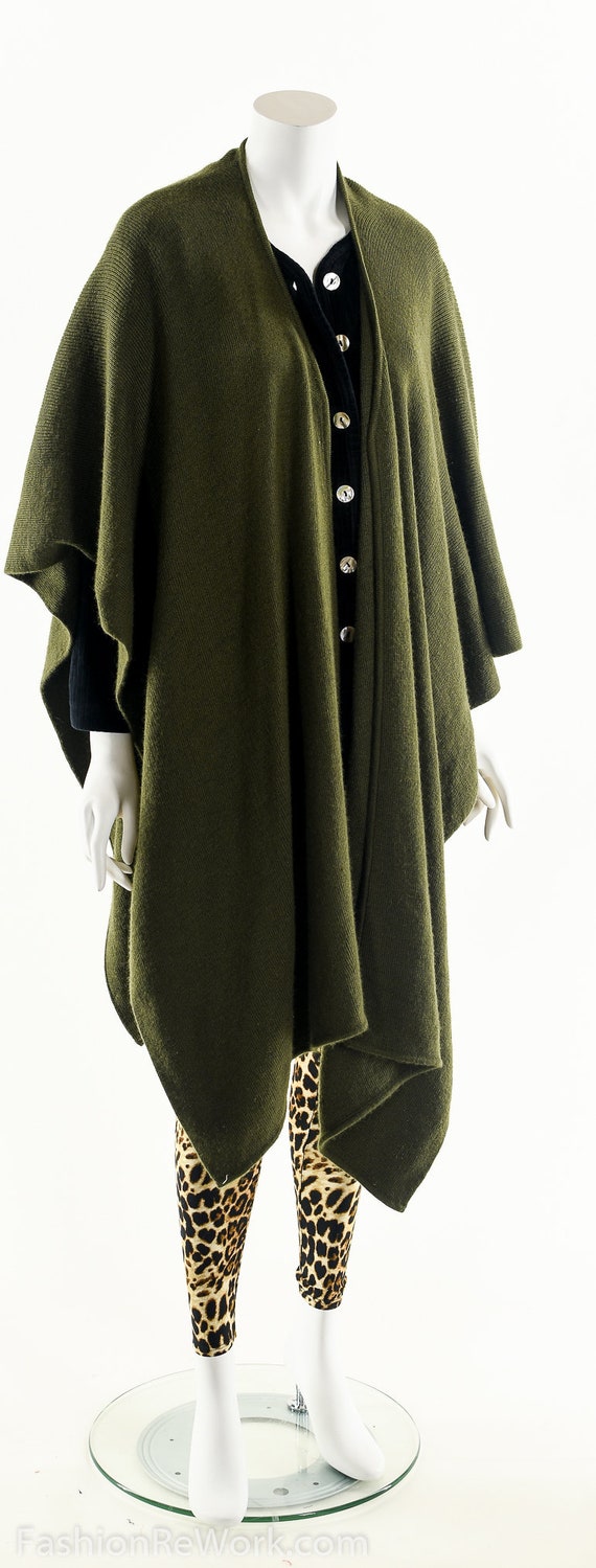 Green Knit Open Poncho,Vintage Sweater Cape,Olive… - image 2