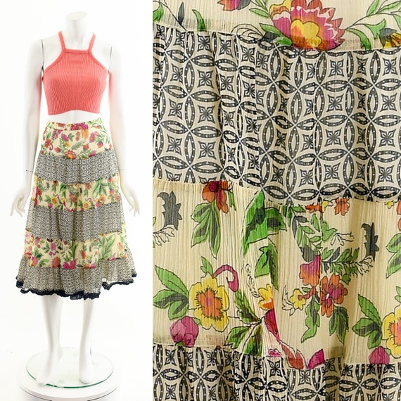 Mixed Print Chiffon Skirt,Bohemian Tiered Ruffle S