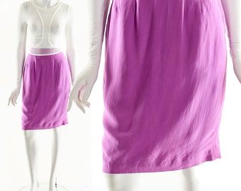 Pink Silk Skirt,Vintage Fuschia Pencil Skirt,Deadstock Vintage Skirt,High Waist Silk Skirt,Fitted Knee Length Skirt,80s Pocket Skirt