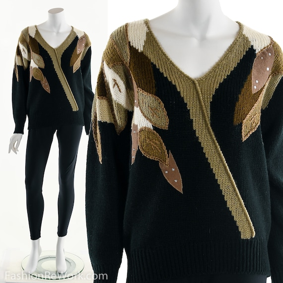 Leaf and Feather Sweater, Vintage Black Sweater, … - image 1
