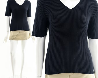 Black Ribbed Sweater V-Neck Top