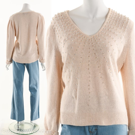 Beaded Pearl Pink Angora Rabbit Hair Sweater 80s … - image 1