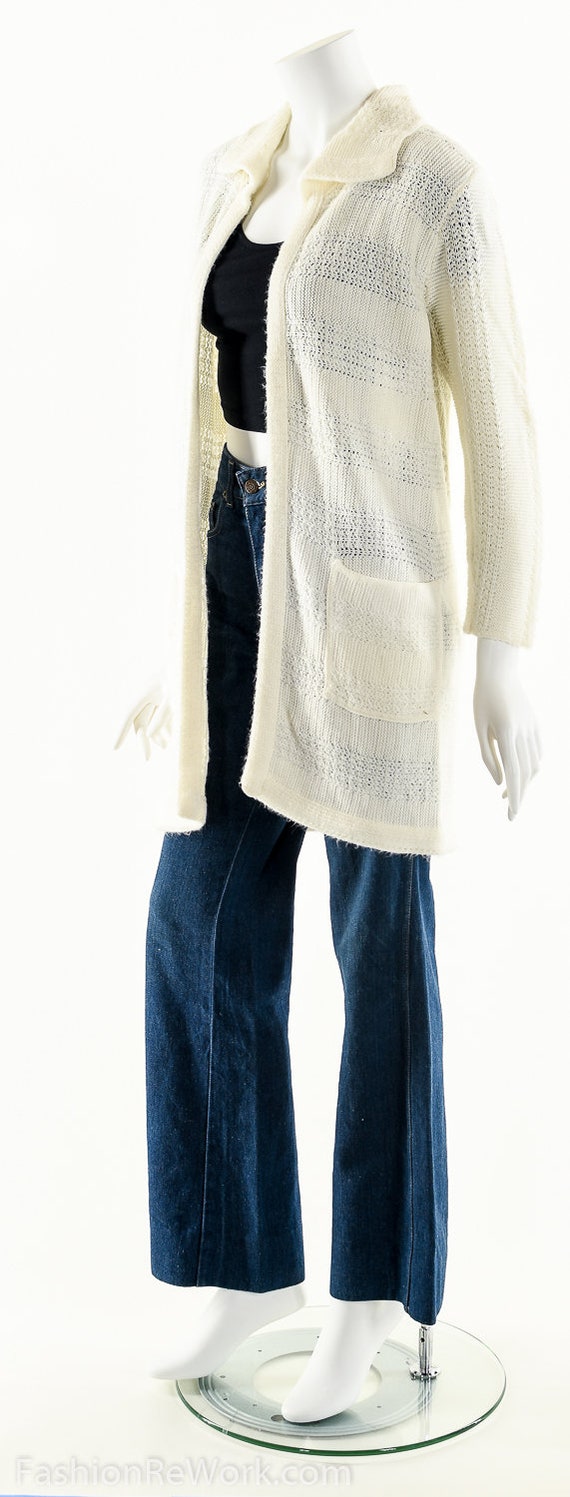 70s White Knit Sweater Duster Cardigan - image 7
