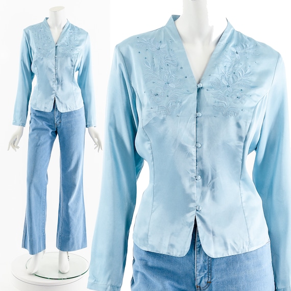 Blue Satin Embroidered Silky Boho Blouse - image 1