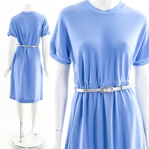 blue knit tshirt dress,80s knit fit and flare dress,mock neck dress, image 2