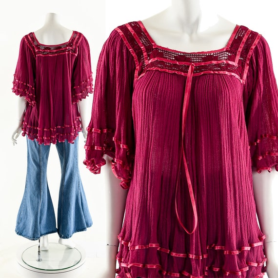 60's India Gauze Blouse,Magenta Pink Indian Gauze… - image 2