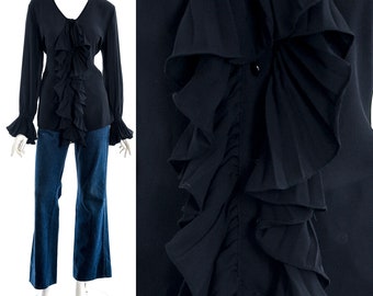 Black Silk Chiffon Ruffle Neckline Blouse Boho