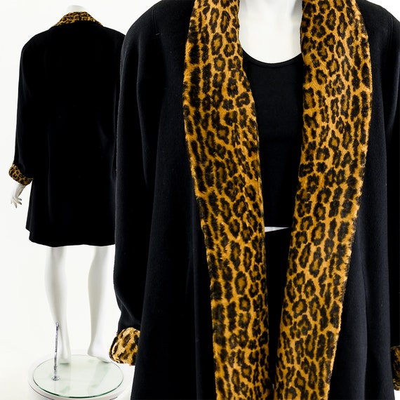 Black Cheetah Wool Swing Coat - image 3
