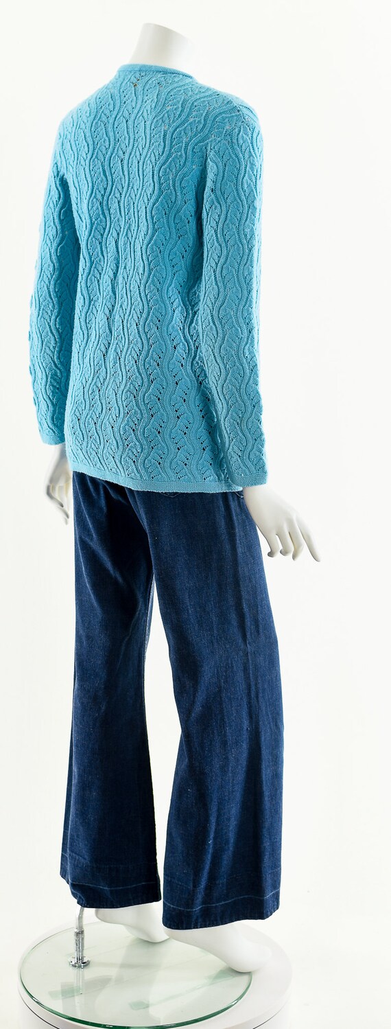 60's Turquoise Wavy Knit Cardigan Sweater - image 6