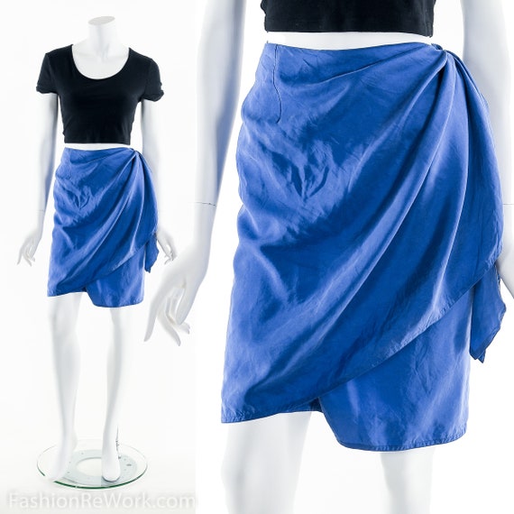 Silk Wrap Skirt, Blue Silk Skirt, Vintage Skirt, D