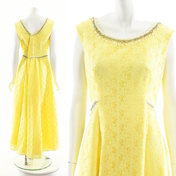 Lemon Yellow Maxi Dress,Yellow Lace 60s Dress,Lon… - image 3