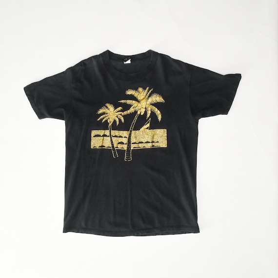 Sparkly Gold Palm Tree Graphic Black Tee - image 1