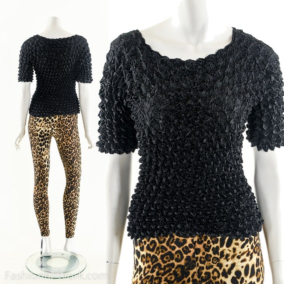 Black Popcorn Blouse,90s Vintage Blouse,Micropleat