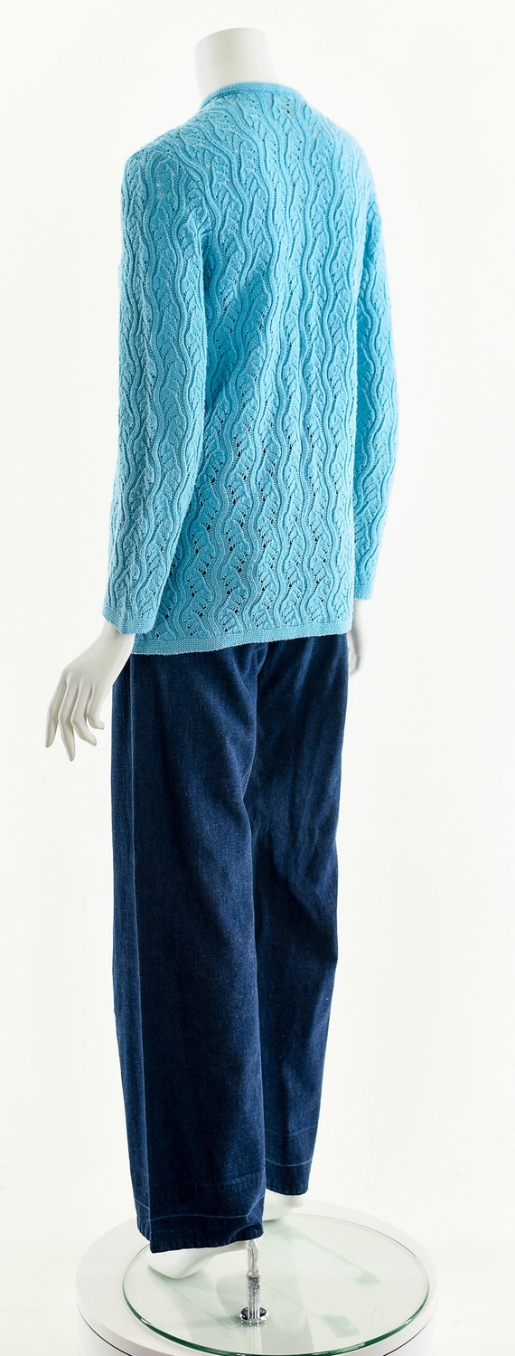 60's Turquoise Wavy Knit Cardigan Sweater - image 8