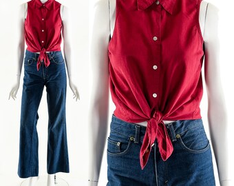Red Linen Blouse,Red Sleeveless Top,Vintage Gap Tank Top,Vintage Linen Top,Collared Red Blouse,Dark Red Top,90s Minimalist Style,Tank Top