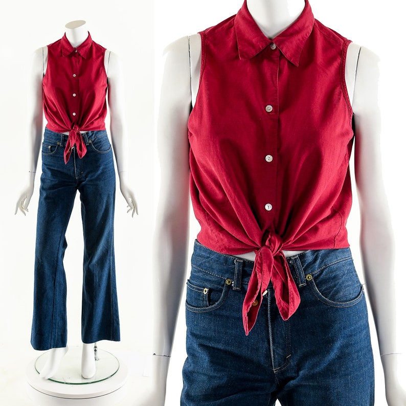 Red Linen Blouse,Red Sleeveless Top,Vintage Gap Tank Top,Vintage Linen Top,Collared Red Blouse,Dark Red Top,90s Minimalist Style,Tank Top image 1