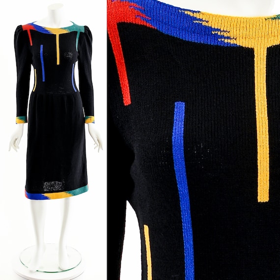Adolfo Iconic Black Rainbow Knit Dress