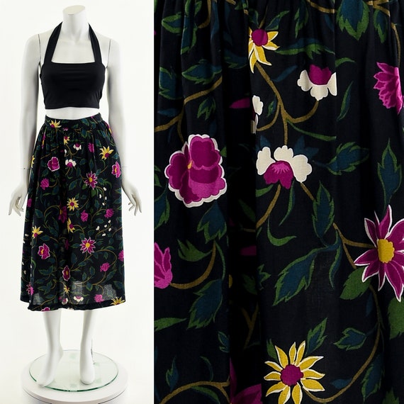 Floral Midi Skirt 80s Does 50s Skirt flower Rayon Skirt black Gauze Skirt high Waist Skirt comfy Flowy Skirt bohemian Flower Skirt cotton Etsy