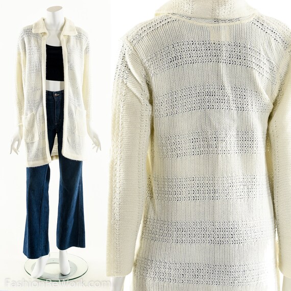 70s White Knit Sweater Duster Cardigan - image 5