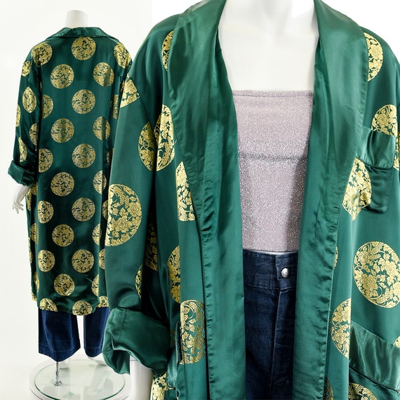 Emerald Green Silk Duster,Green Gold Kimono,Asian… - image 2