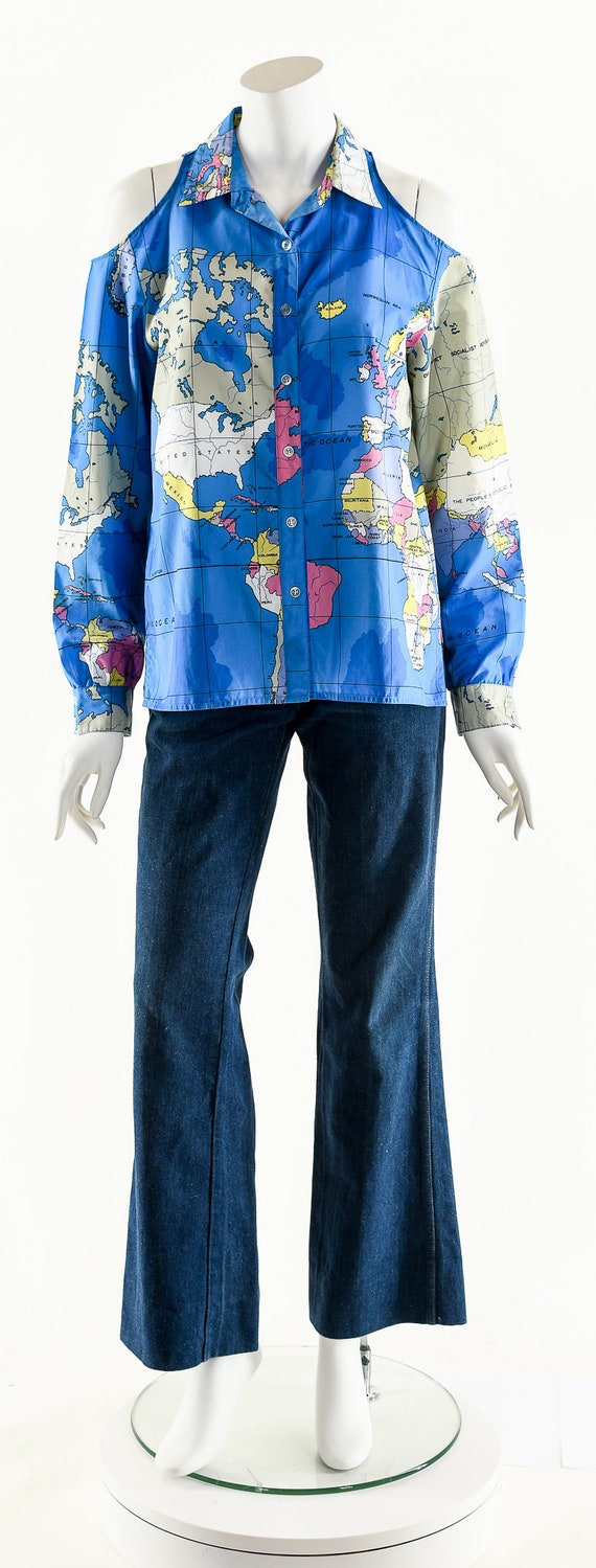 World Map Blouse,Cold Shoulder Vintage Map Shirt,… - image 4