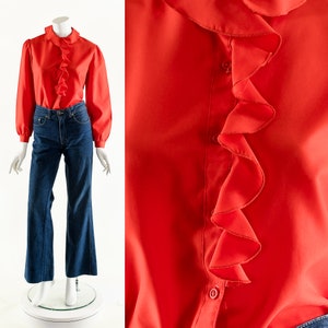 Balloon Sleeve Blouse,Puffy Shoulder Blouse,Cherry Red Top,Peter Pan Collar,Peter Pan Blouse,Romantic Ruffle Top, Bianca Jagger Style image 2
