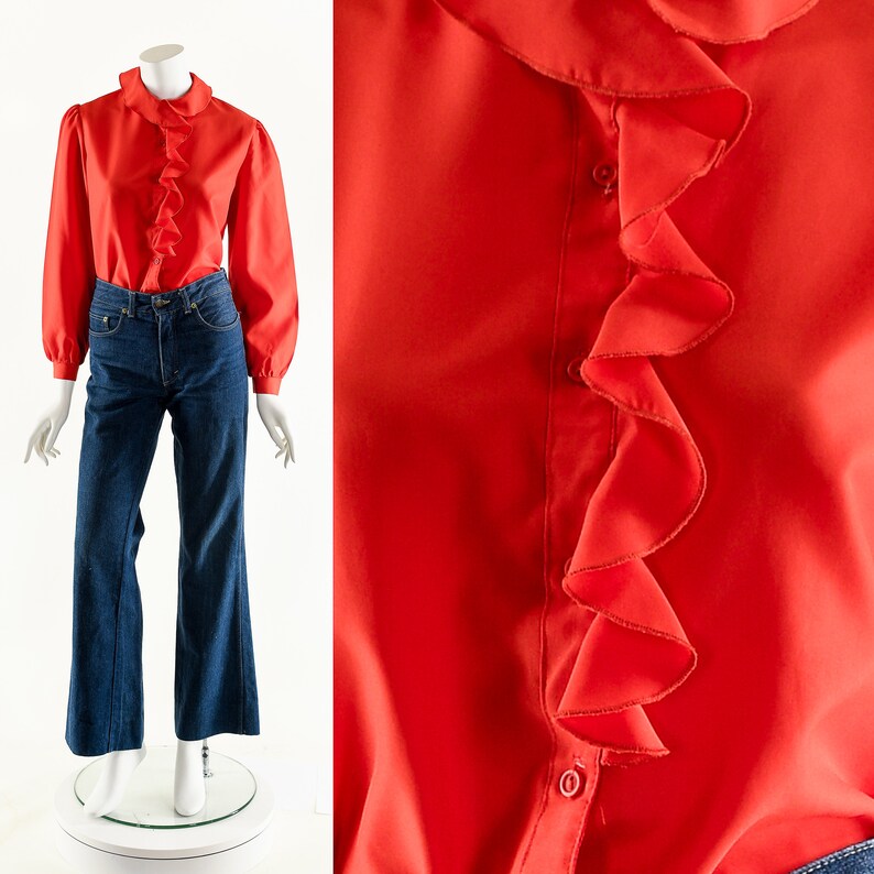 Balloon Sleeve Blouse,Puffy Shoulder Blouse,Cherry Red Top,Peter Pan Collar,Peter Pan Blouse,Romantic Ruffle Top, Bianca Jagger Style image 2