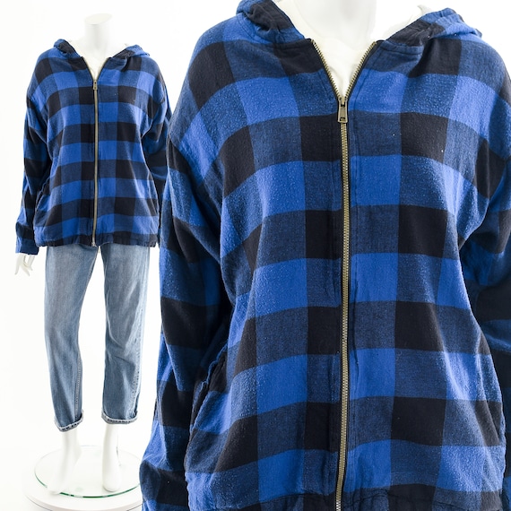 Blue Buffalo Plaid Jacket,90s Grunge Hoodie Jacket,vintage Blue Buffalo Plaid Jacket,90s Grunge Hoodie Jacket,vintage